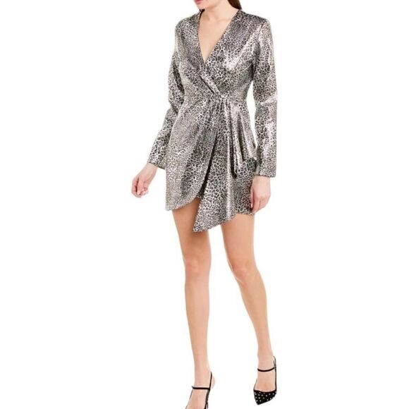 Ronny KoBo Leopard Print Silver Metallic Faux Wrap Dress - Picture 2 of 11